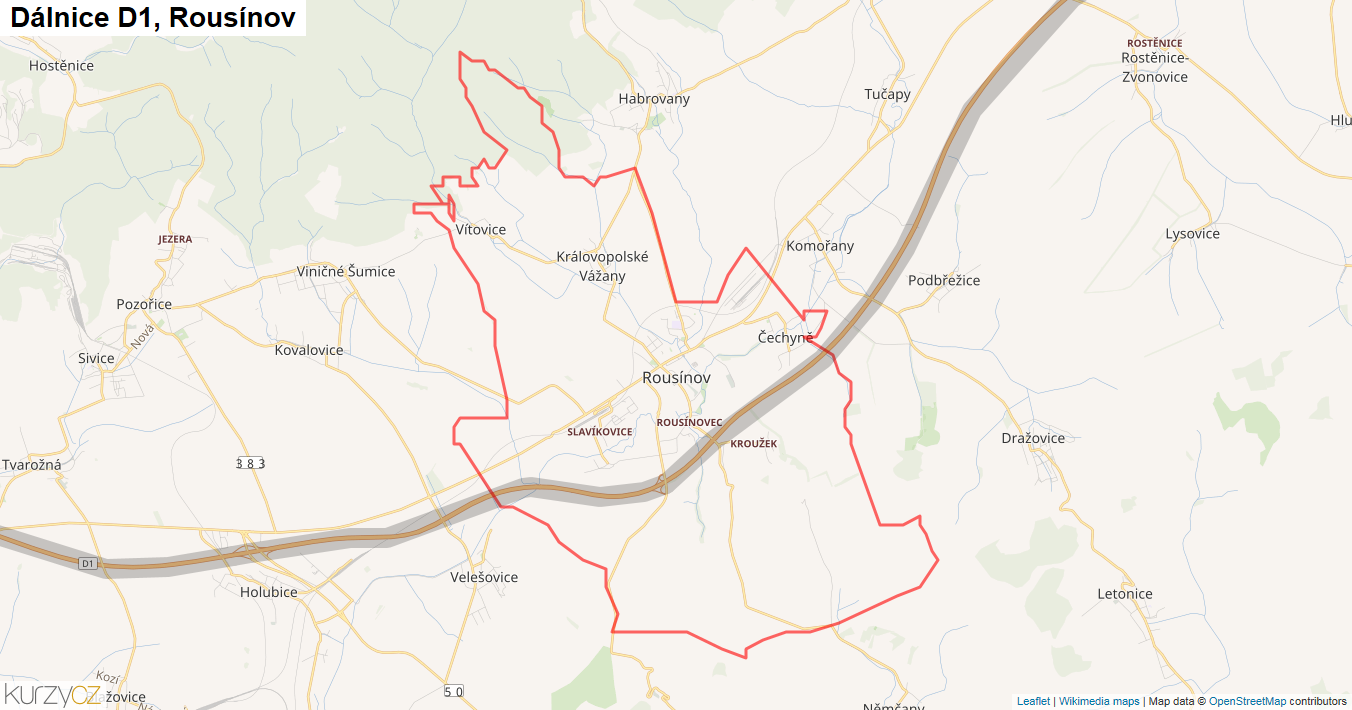 Rousínov, Dálnice D1 - Mapa