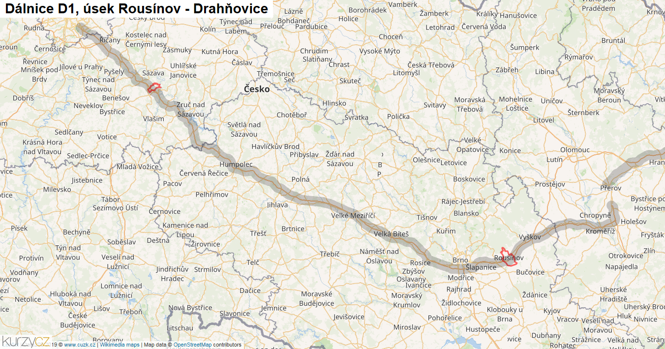 Úsek Rousínov - Drahňovice, Dálnice D1 - Mapa