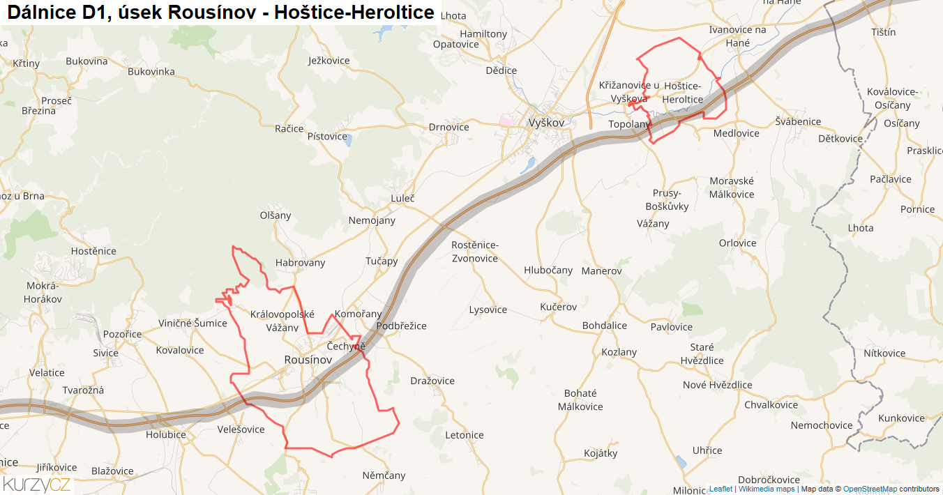 Úsek Rousínov - Hoštice-Heroltice, Dálnice D1 - Mapa