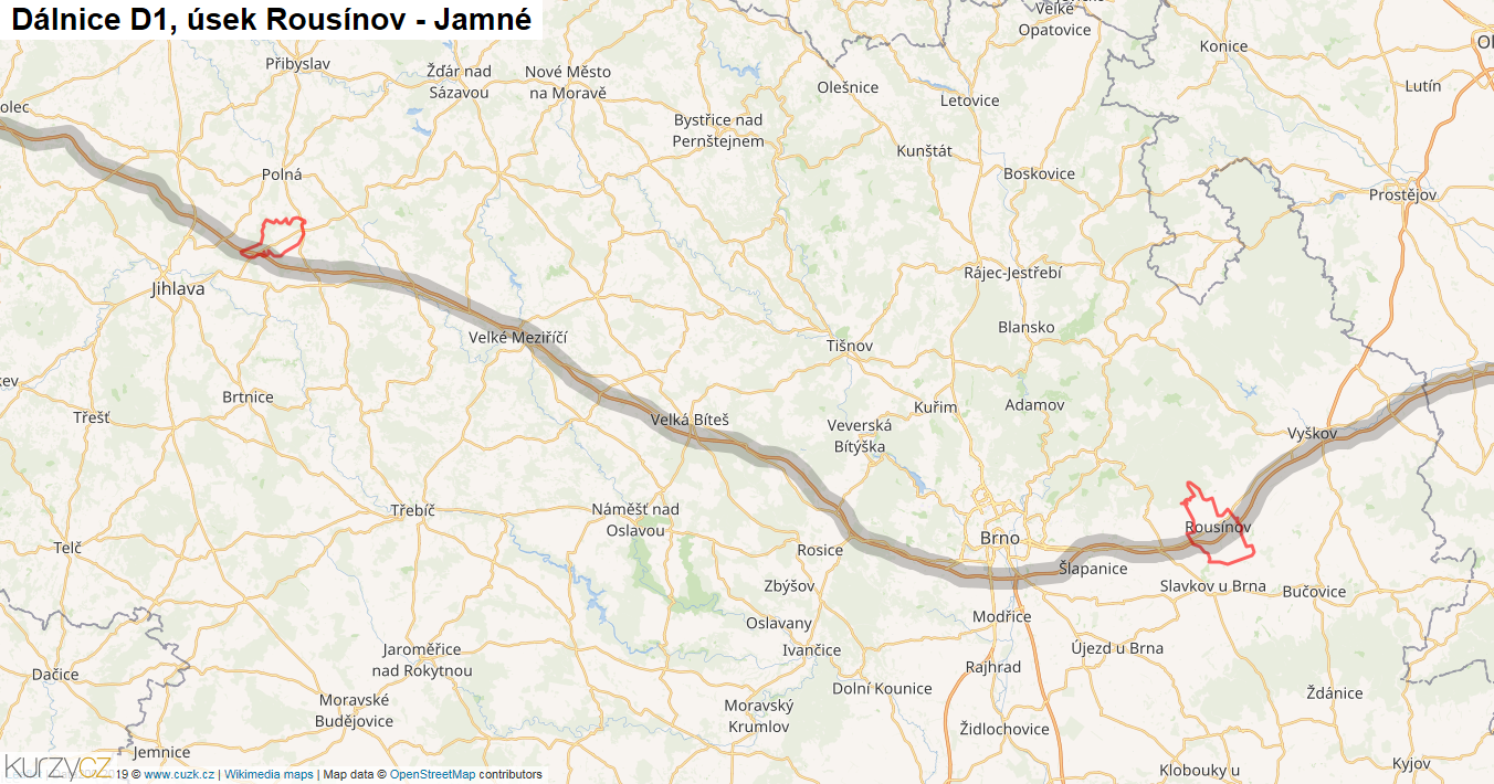 Úsek Rousínov - Jamné, Dálnice D1 - Mapa