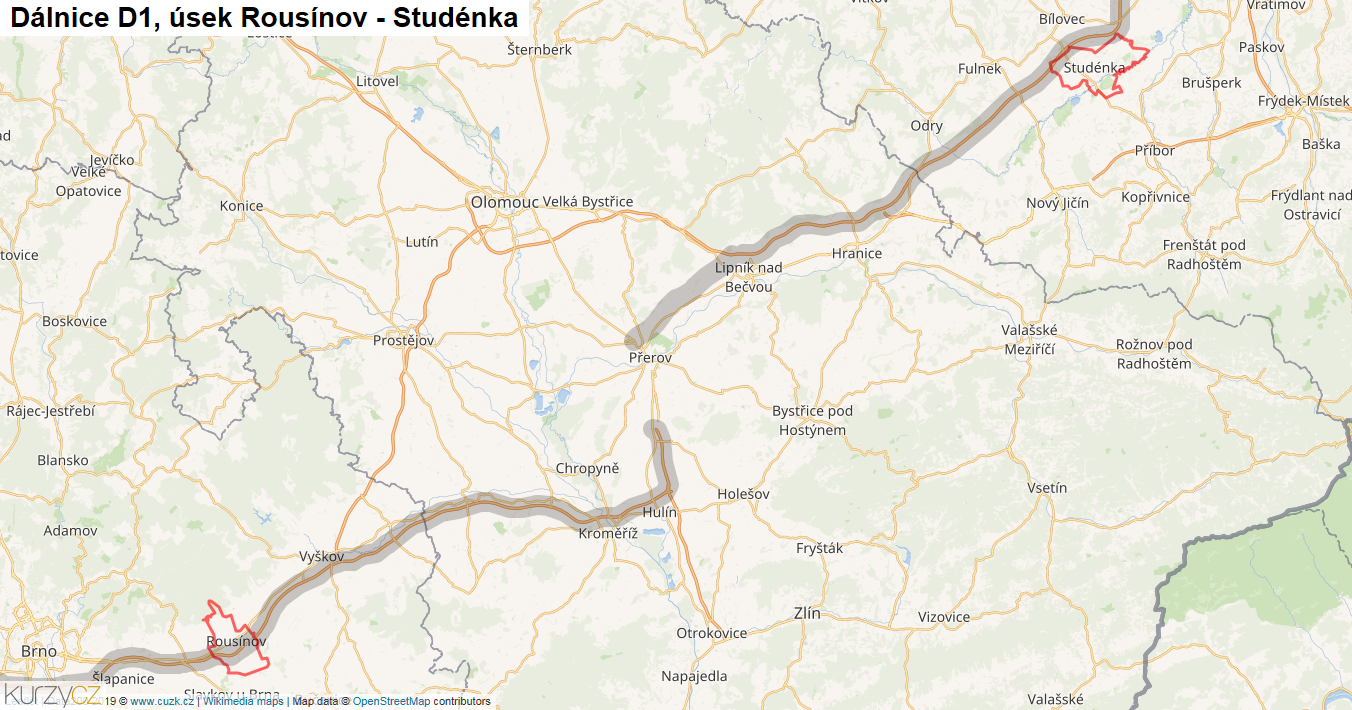 Úsek Rousínov - Studénka, Dálnice D1 - Mapa