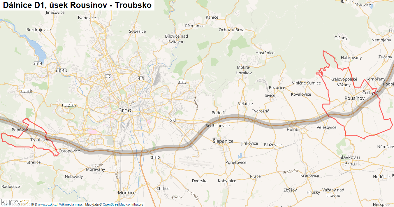 Úsek Rousínov - Troubsko, Dálnice D1 - Mapa