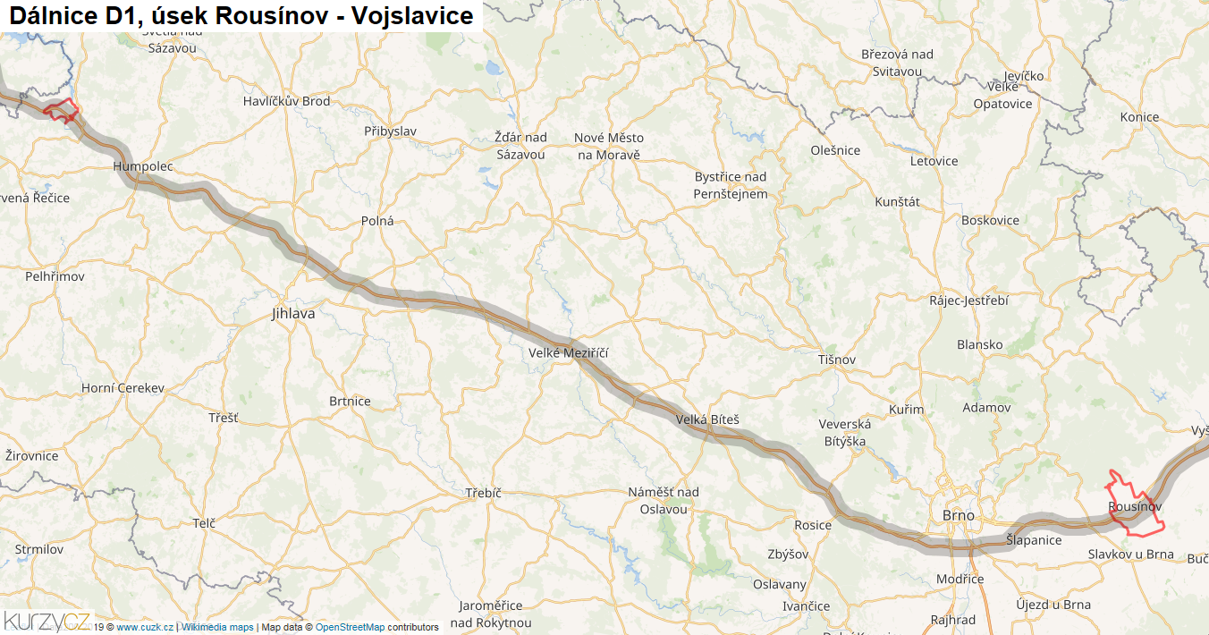 Úsek Rousínov - Vojslavice, Dálnice D1 - Mapa