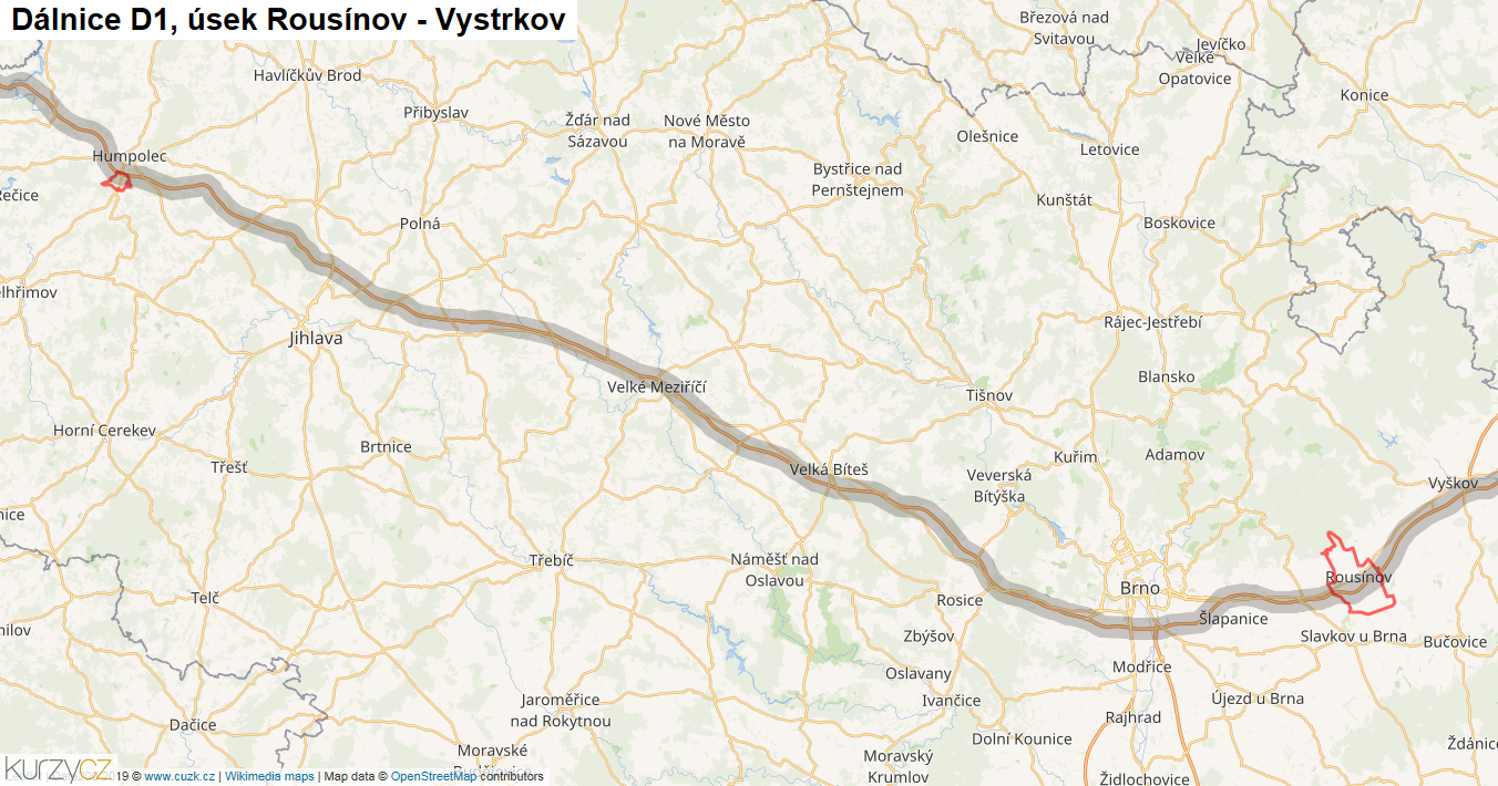Úsek Rousínov - Vystrkov, Dálnice D1 - Mapa
