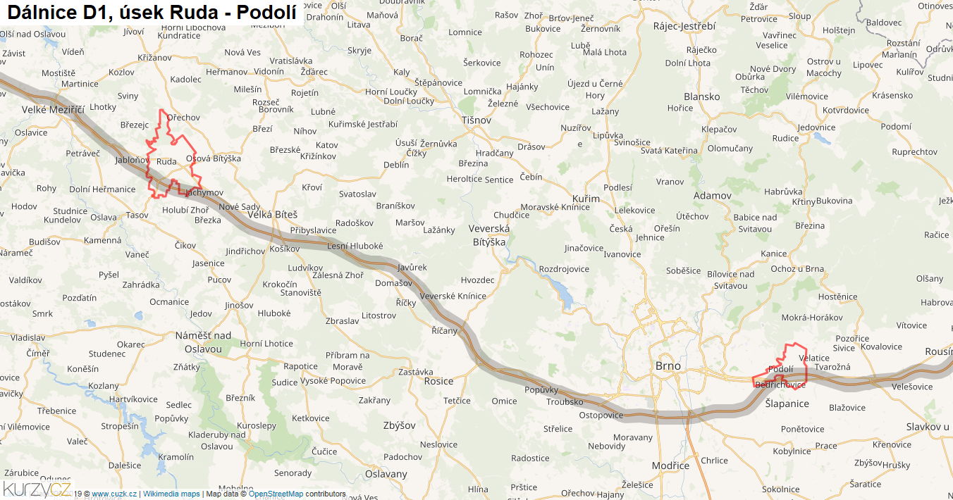 Úsek Ruda - Podolí, Dálnice D1 - Mapa
