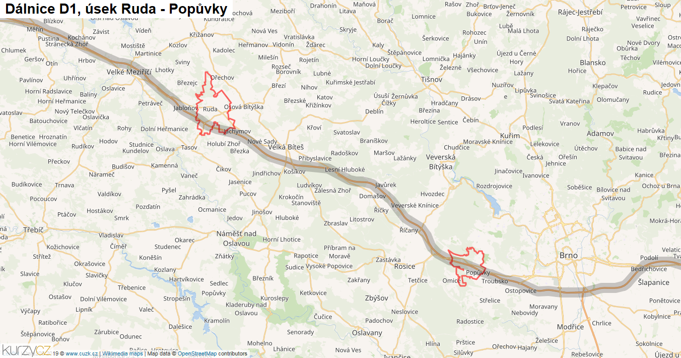 Úsek Ruda - Popůvky, Dálnice D1 - Mapa