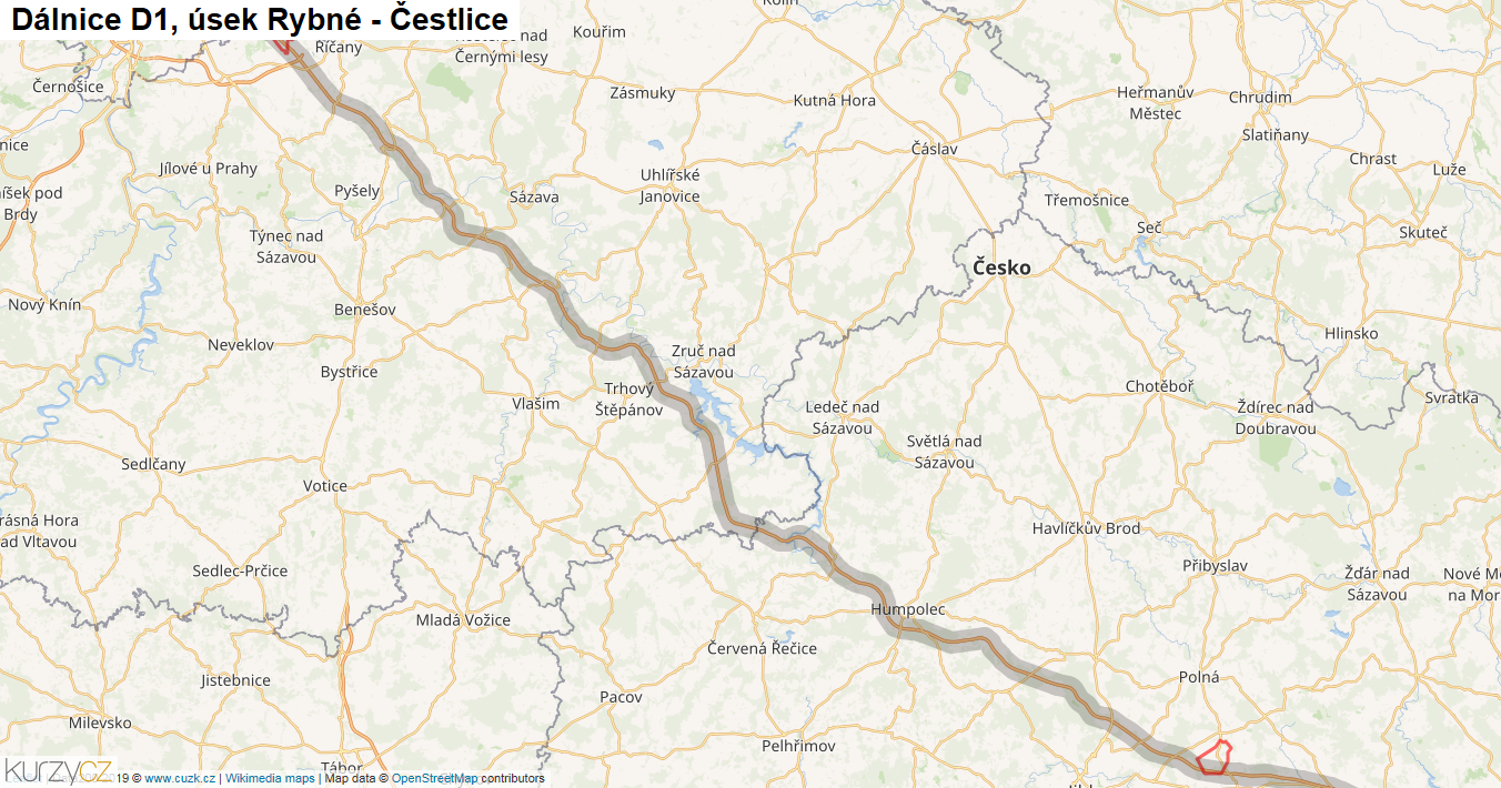 Úsek Rybné - Čestlice, Dálnice D1 - Mapa