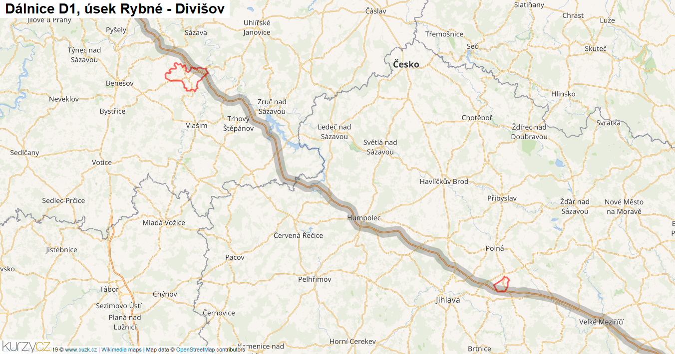 Úsek Rybné - Divišov, Dálnice D1 - Mapa