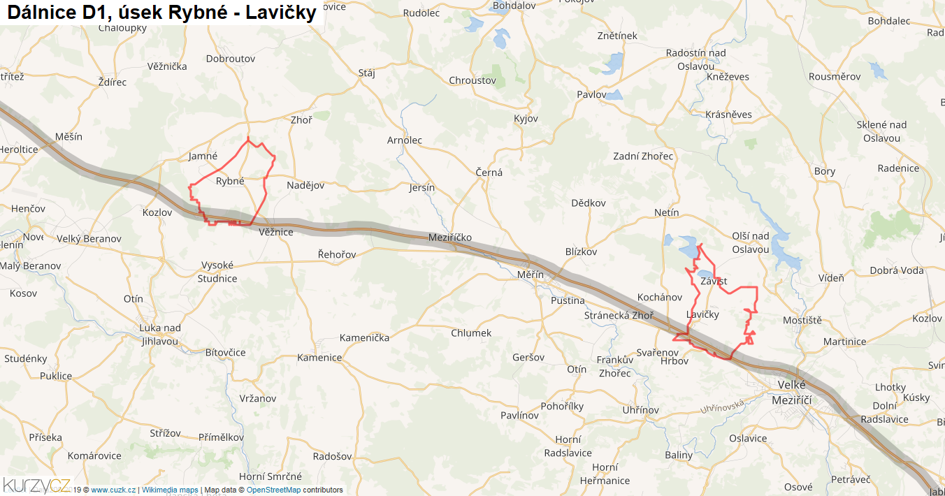 Úsek Rybné - Lavičky, Dálnice D1 - Mapa