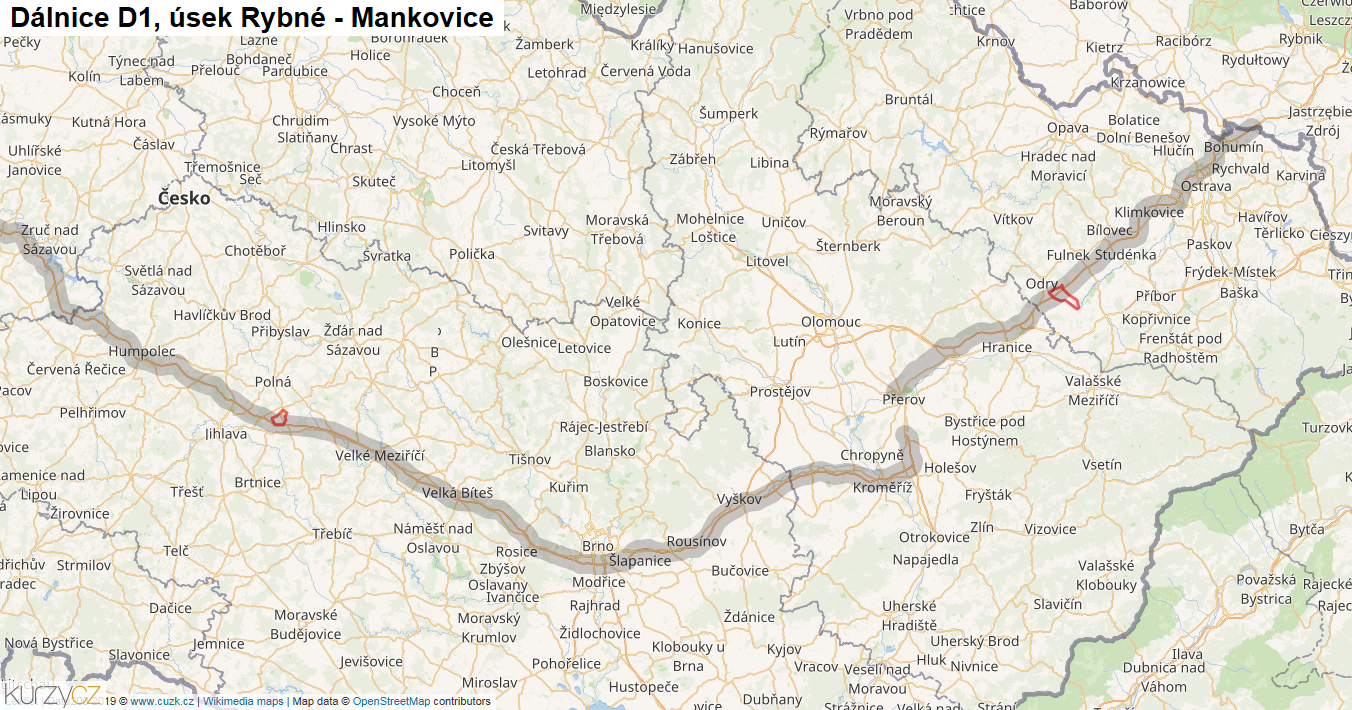Úsek Rybné - Mankovice, Dálnice D1 - Mapa