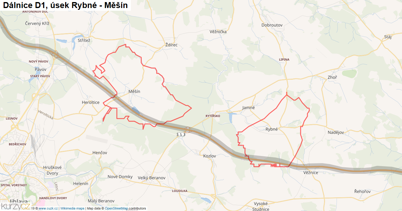 Úsek Rybné - Měšín, Dálnice D1 - Mapa