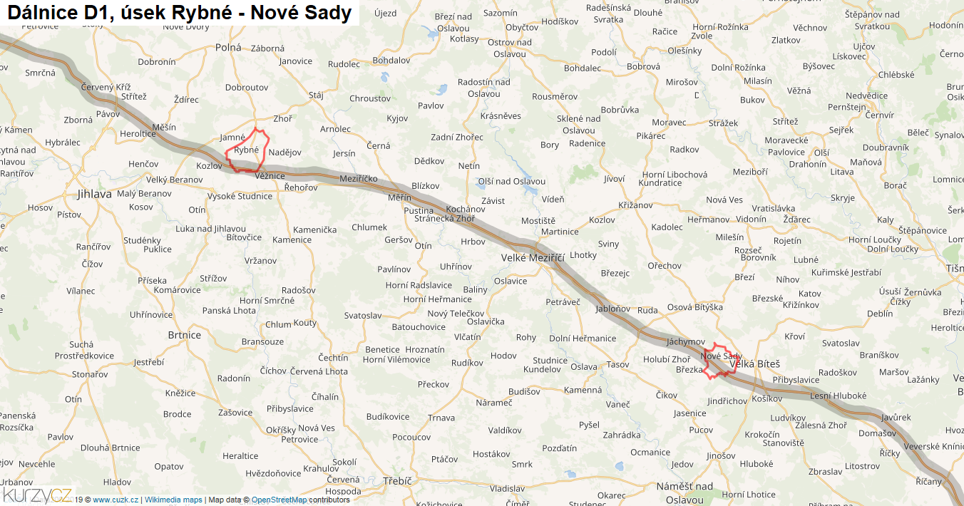 Úsek Rybné - Nové Sady, Dálnice D1 - Mapa