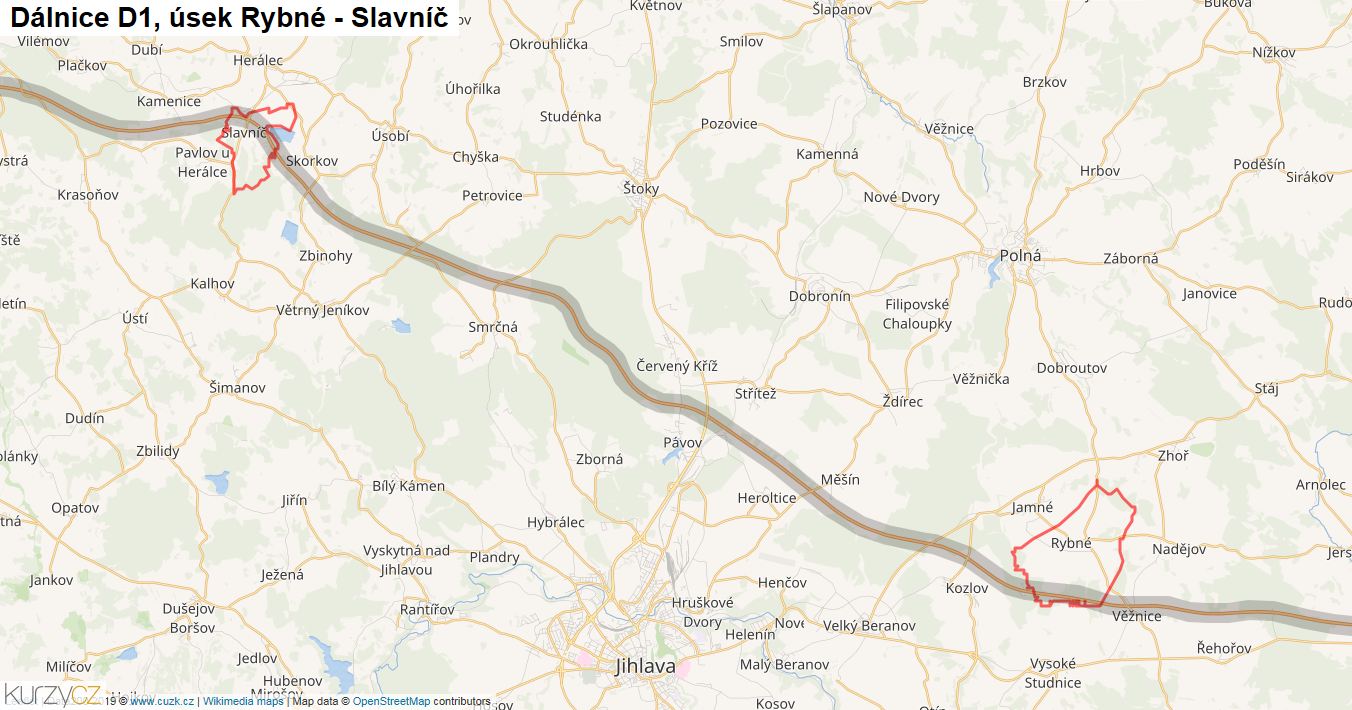 Úsek Rybné - Slavníč, Dálnice D1 - Mapa