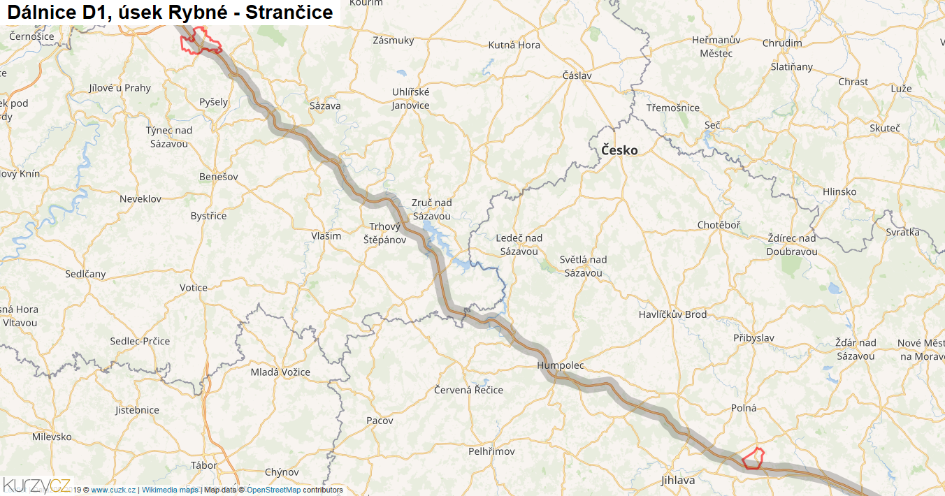 Úsek Rybné - Strančice, Dálnice D1 - Mapa