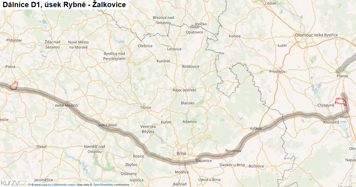Úsek Rybné - Žalkovice, Dálnice D1 - Mapa