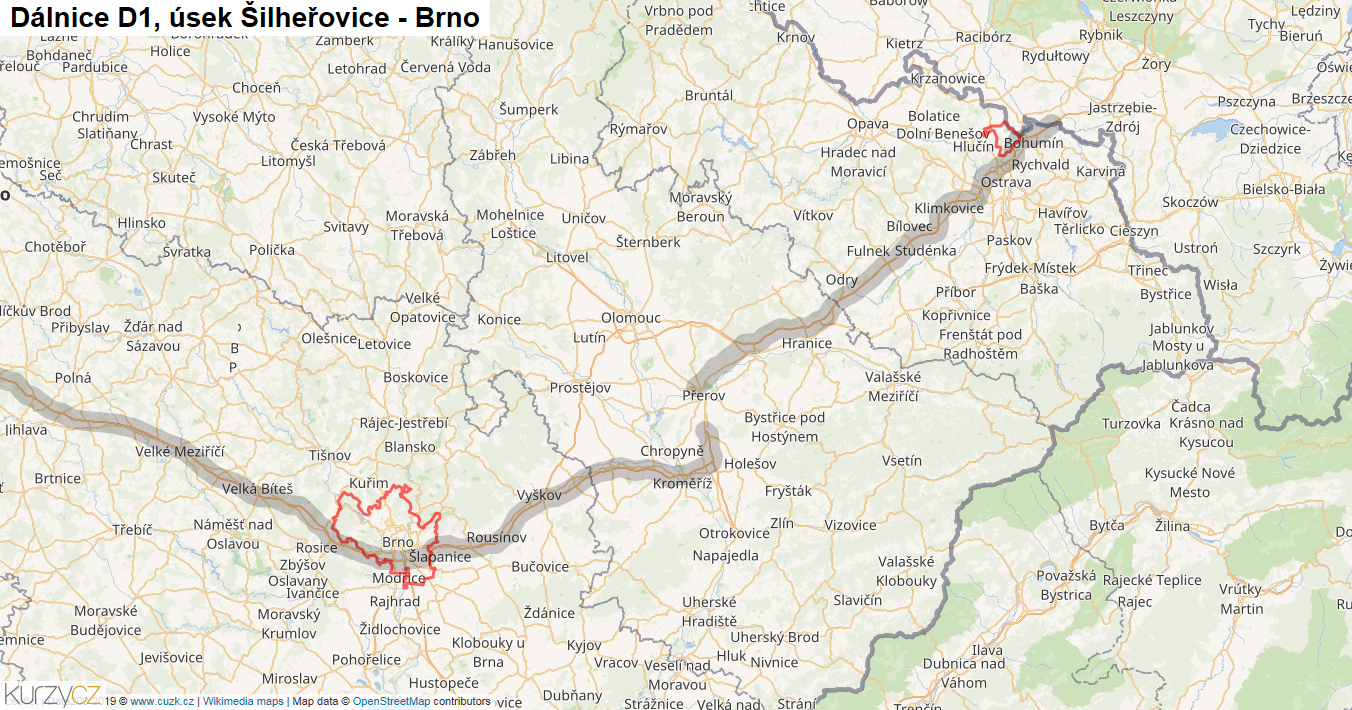 Úsek Šilheřovice - Brno, Dálnice D1 - Mapa