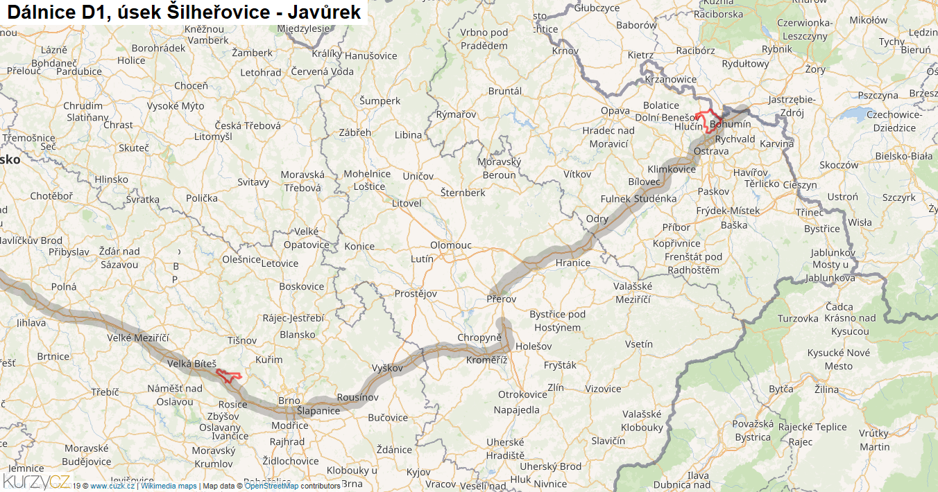 Úsek Šilheřovice - Javůrek, Dálnice D1 - Mapa