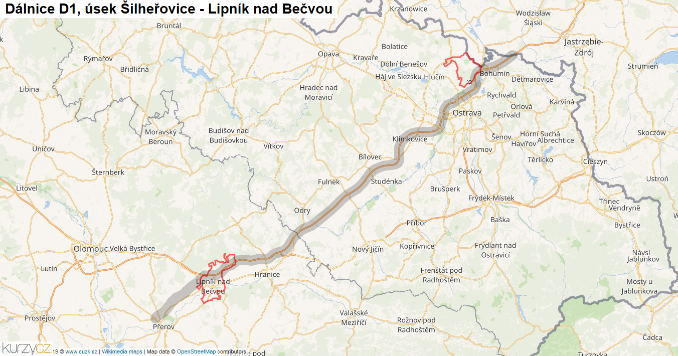 Úsek Šilheřovice - Lipník nad Bečvou, Dálnice D1 - Mapa