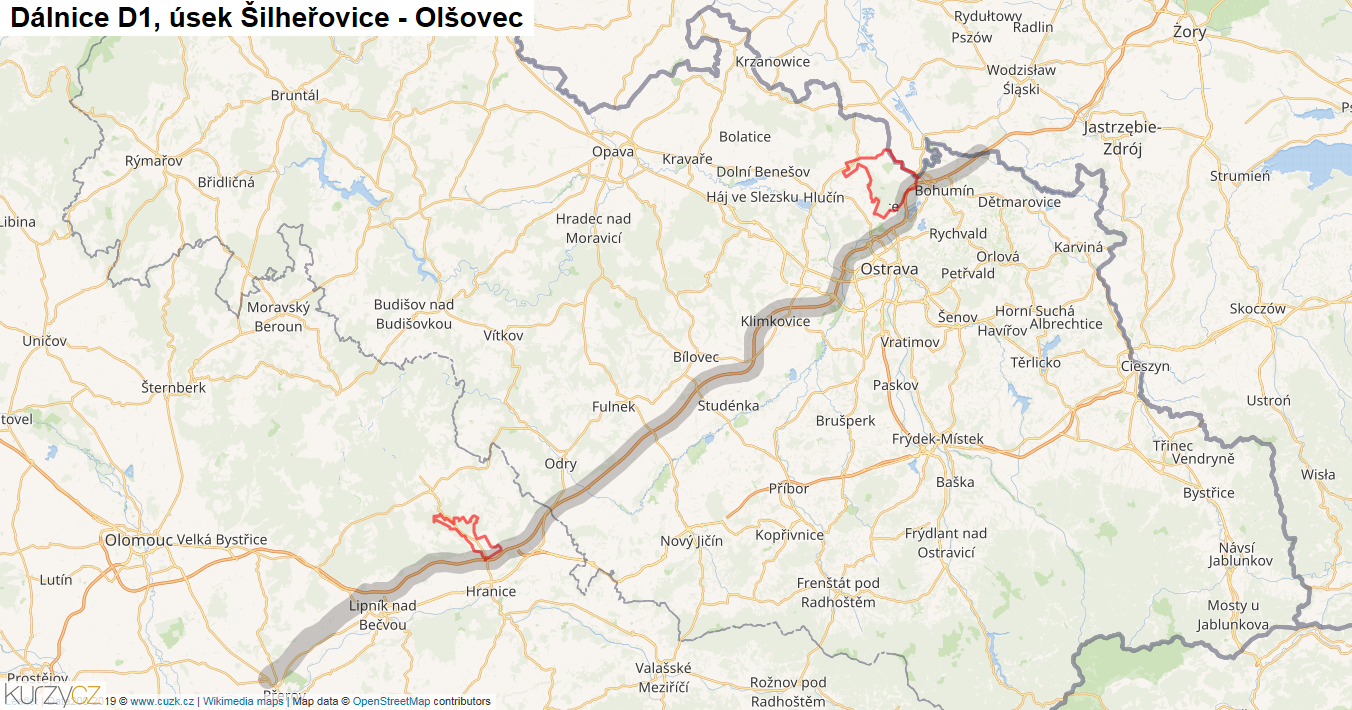 Úsek Šilheřovice - Olšovec, Dálnice D1 - Mapa
