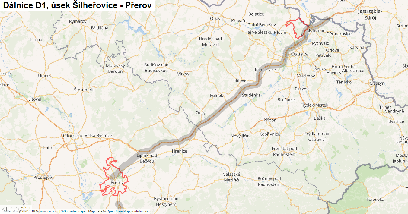 Úsek Šilheřovice - Přerov, Dálnice D1 - Mapa
