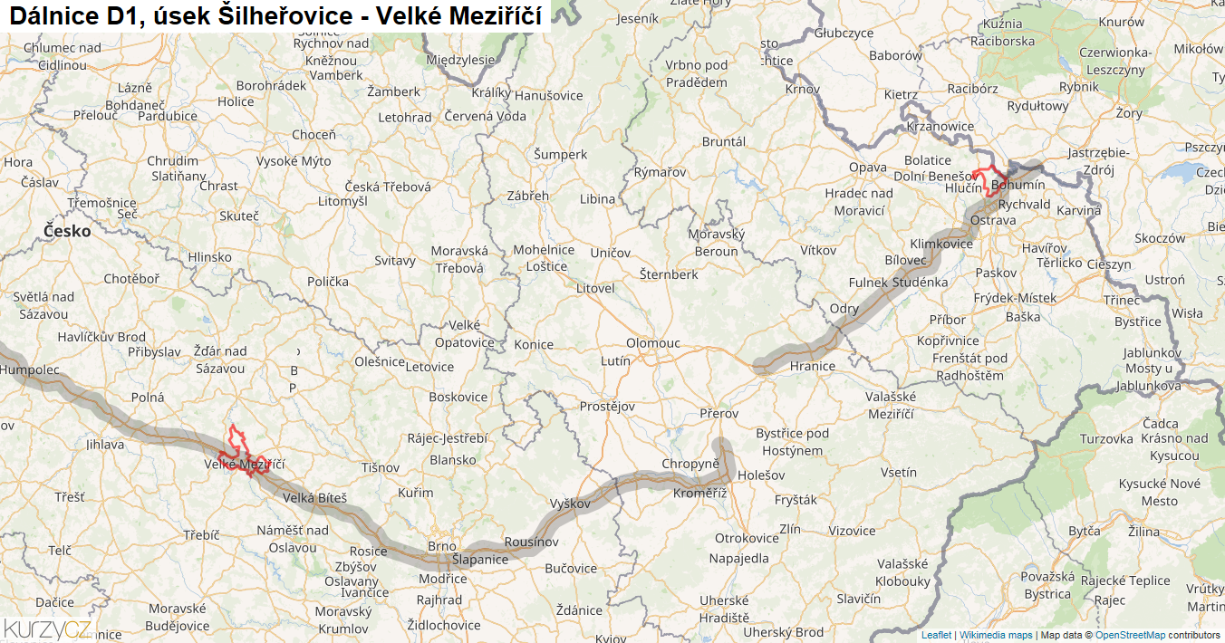 Úsek Šilheřovice - Velké Meziříčí, Dálnice D1 - Mapa