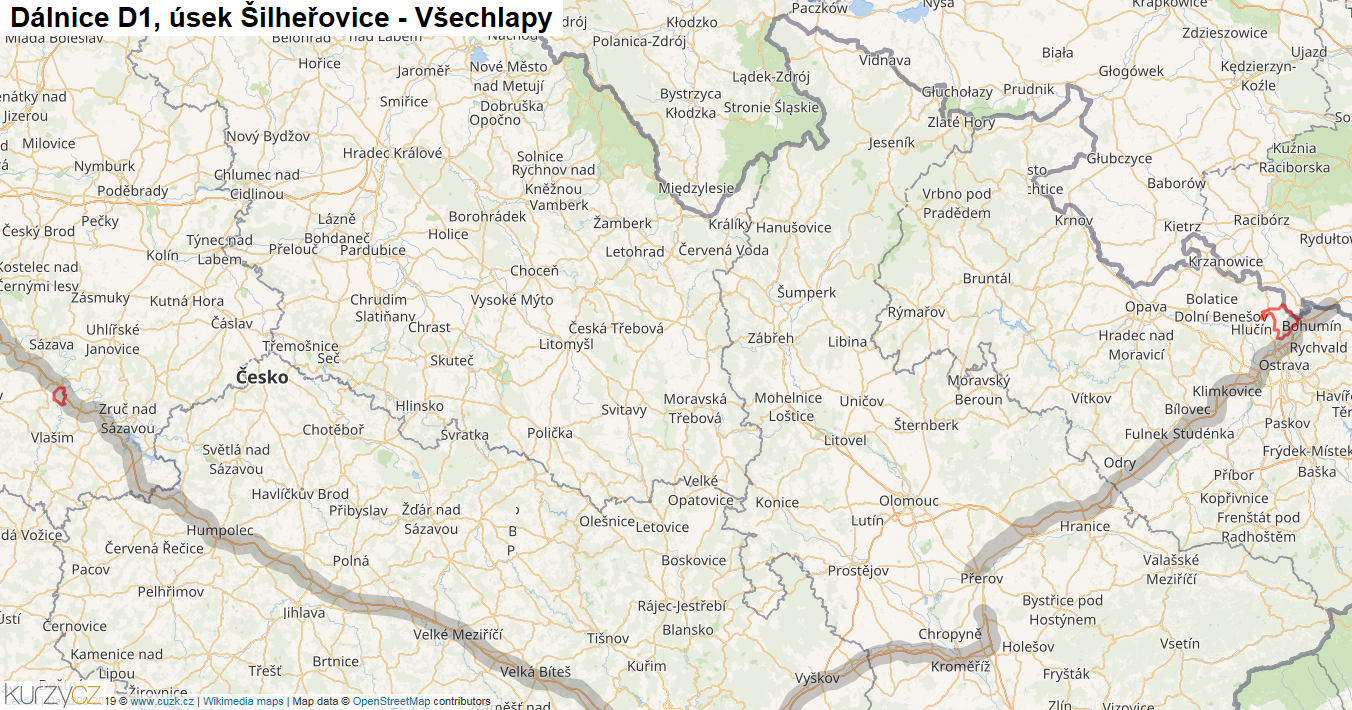 Úsek Šilheřovice - Všechlapy, Dálnice D1 - Mapa