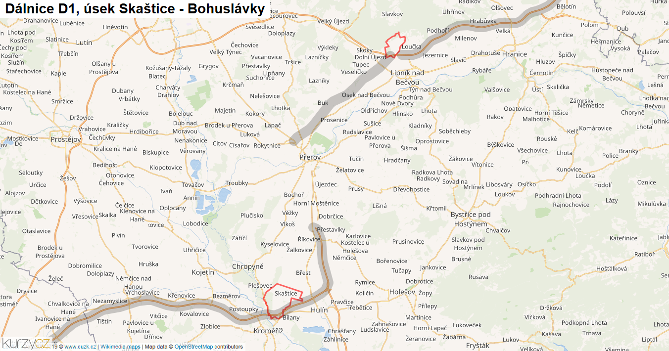 Úsek Skaštice - Bohuslávky, Dálnice D1 - Mapa