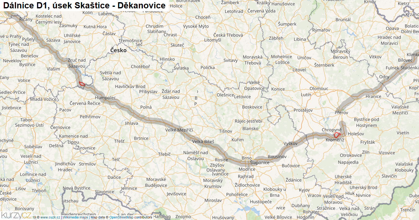 Úsek Skaštice - Děkanovice, Dálnice D1 - Mapa