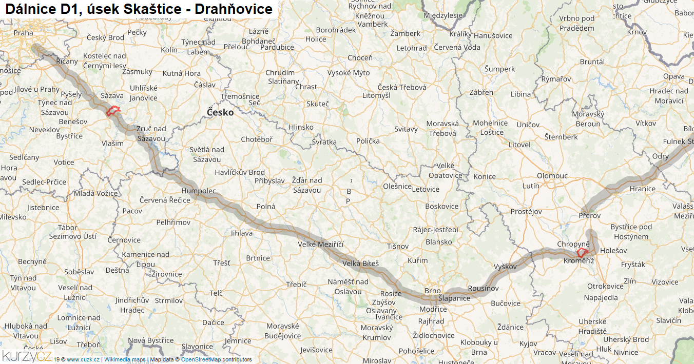 Úsek Skaštice - Drahňovice, Dálnice D1 - Mapa