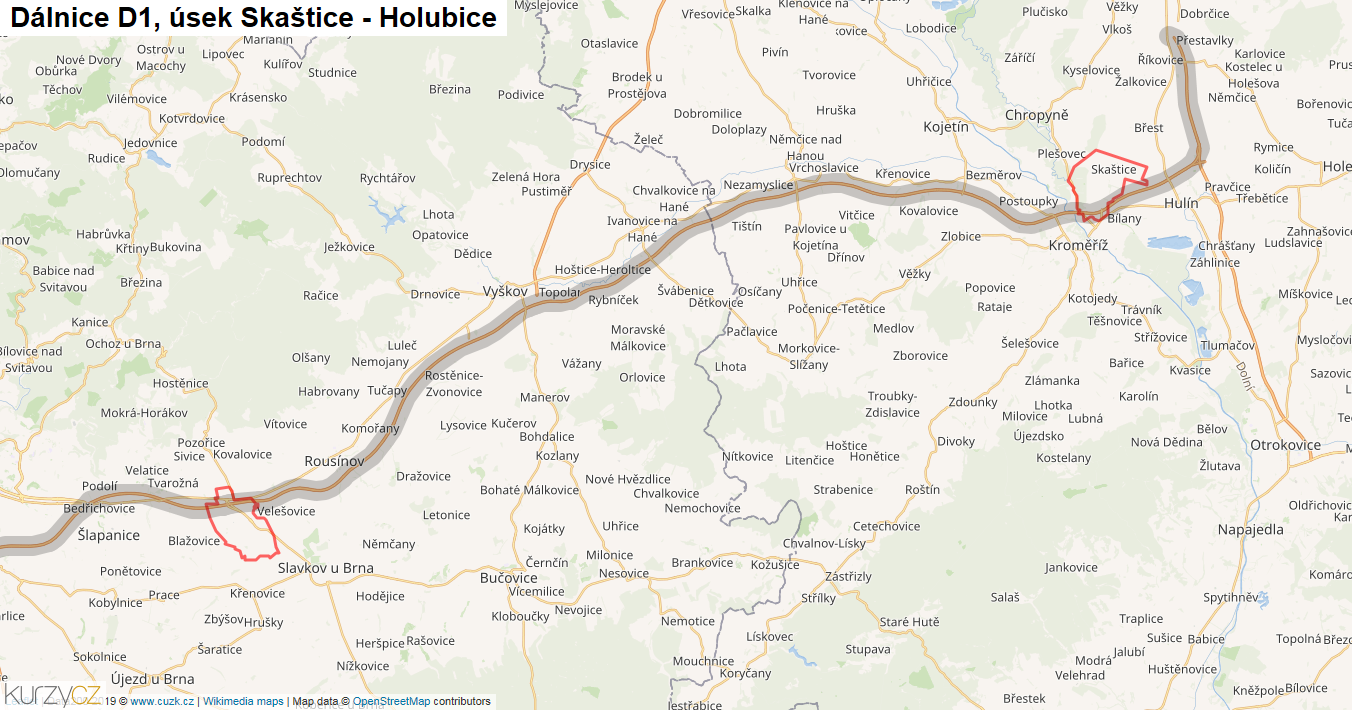 Úsek Skaštice - Holubice, Dálnice D1 - Mapa