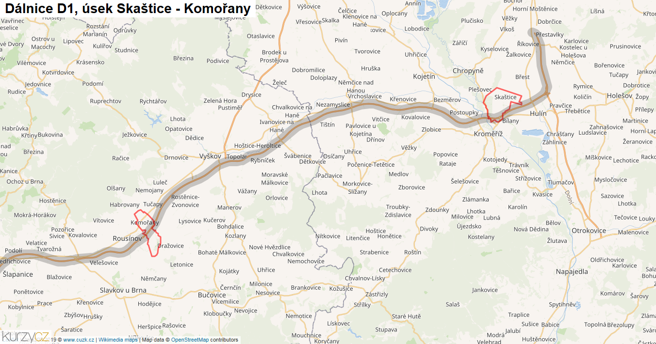Úsek Skaštice - Komořany, Dálnice D1 - Mapa