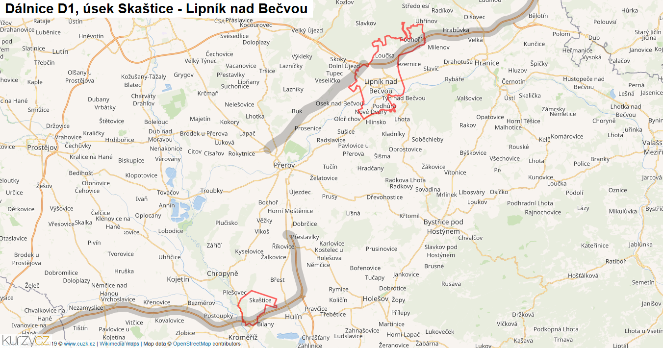 Úsek Skaštice - Lipník nad Bečvou, Dálnice D1 - Mapa