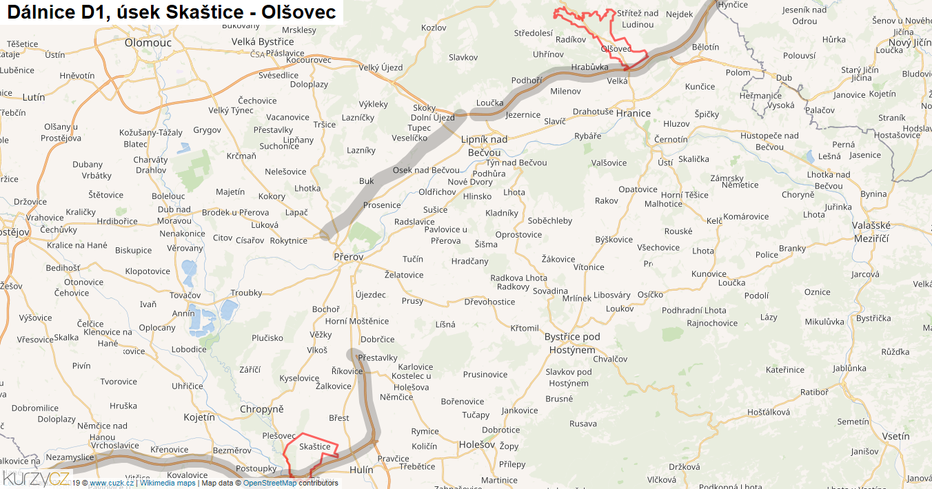 Úsek Skaštice - Olšovec, Dálnice D1 - Mapa