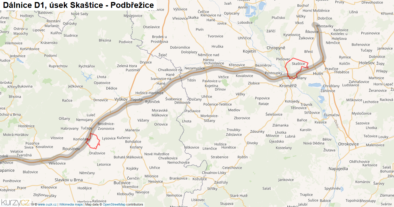 Úsek Skaštice - Podbřežice, Dálnice D1 - Mapa
