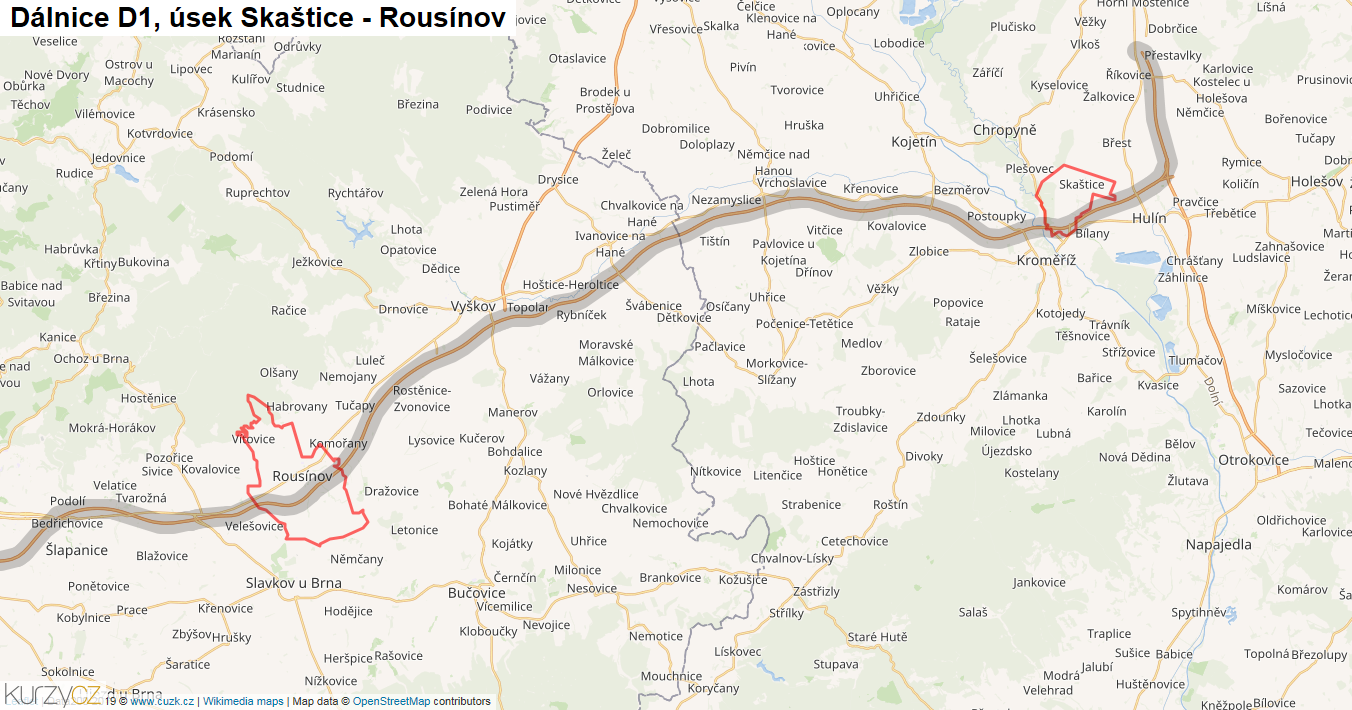Úsek Skaštice - Rousínov, Dálnice D1 - Mapa