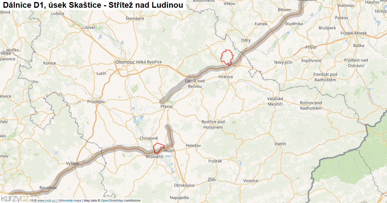 Úsek Skaštice - Střítež nad Ludinou, Dálnice D1 - Mapa