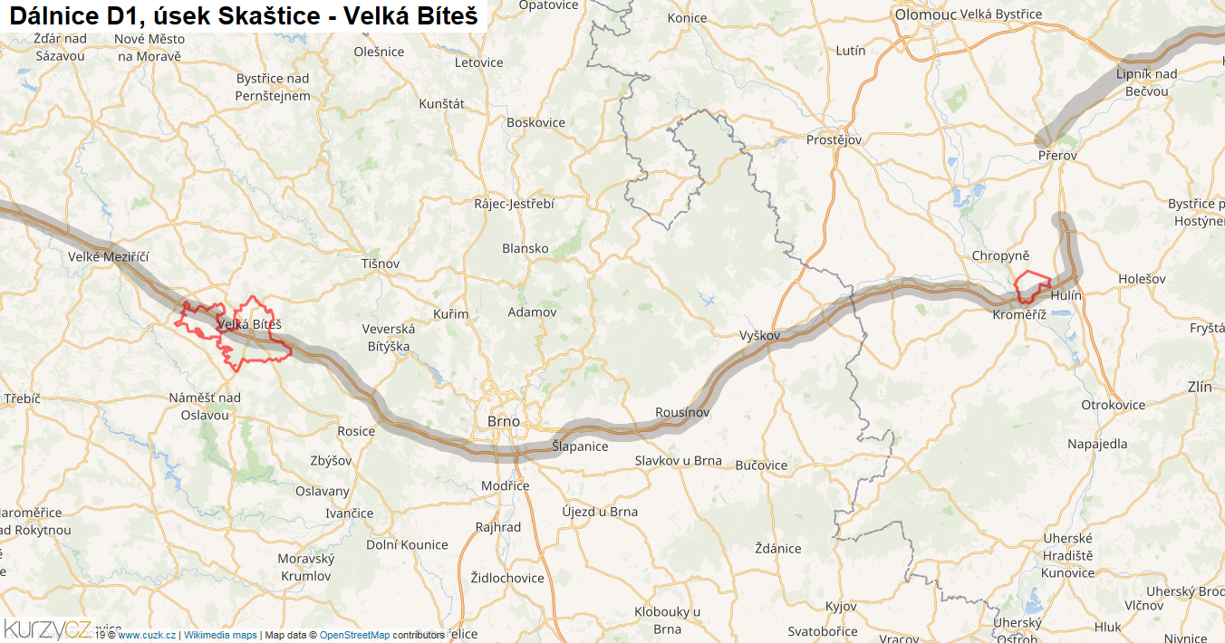 Úsek Skaštice - Velká Bíteš, Dálnice D1 - Mapa