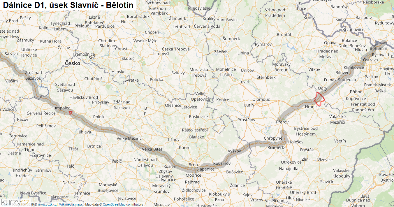 Úsek Slavníč - Bělotín, Dálnice D1 - Mapa