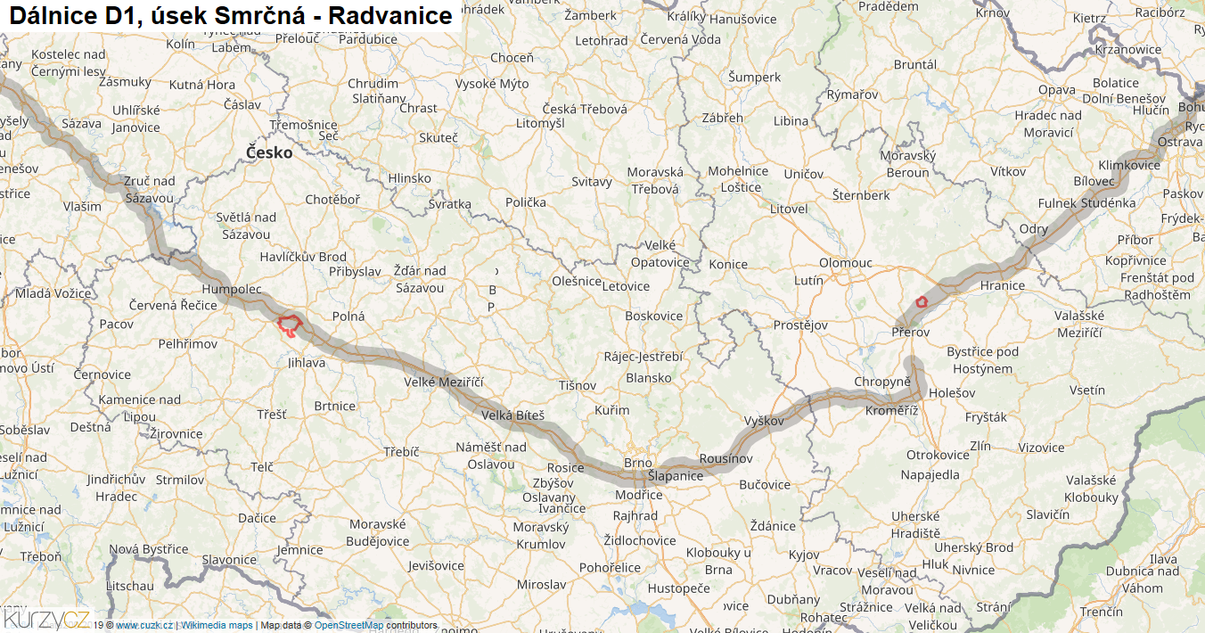 Úsek Smrčná - Radvanice, Dálnice D1 - Mapa
