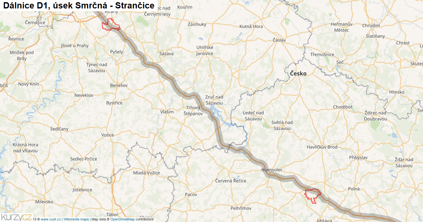 Úsek Smrčná - Strančice, Dálnice D1 - Mapa