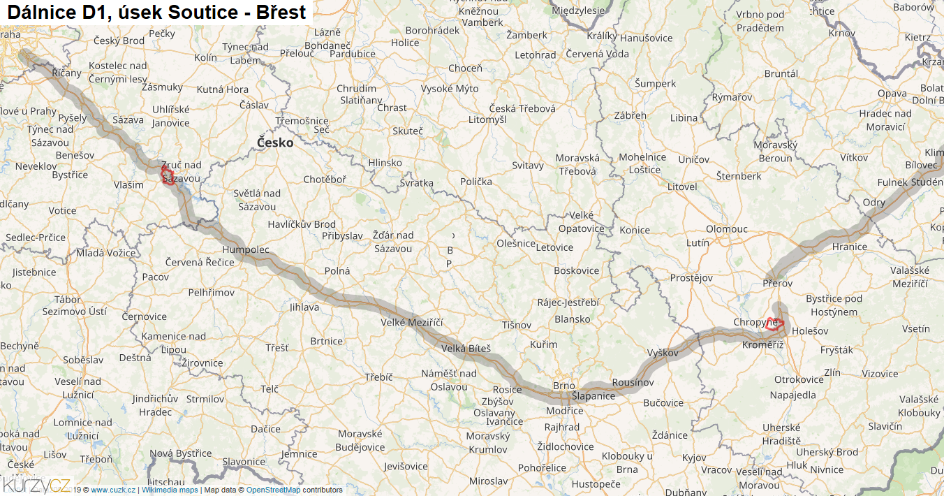 Úsek Soutice - Břest, Dálnice D1 - Mapa
