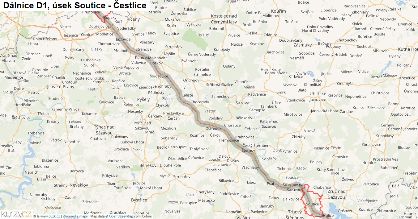 Úsek Soutice - Čestlice, Dálnice D1 - Mapa