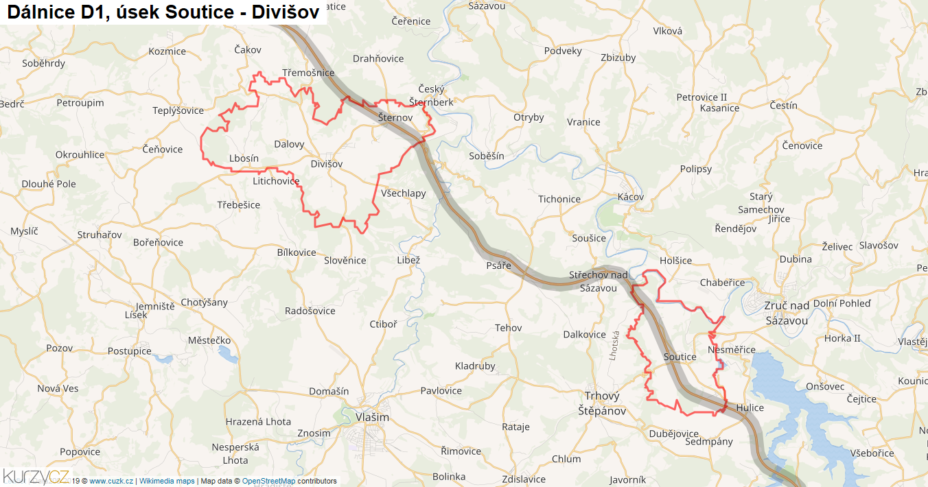 Úsek Soutice - Divišov, Dálnice D1 - Mapa