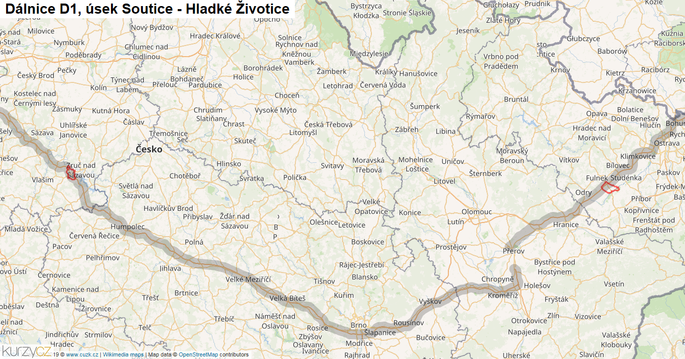 Úsek Soutice - Hladké Životice, Dálnice D1 - Mapa