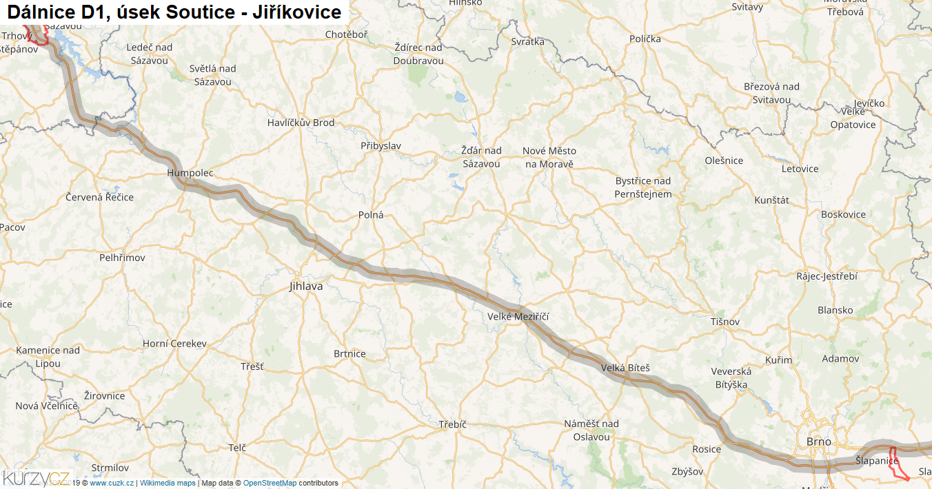 Úsek Soutice - Jiříkovice, Dálnice D1 - Mapa