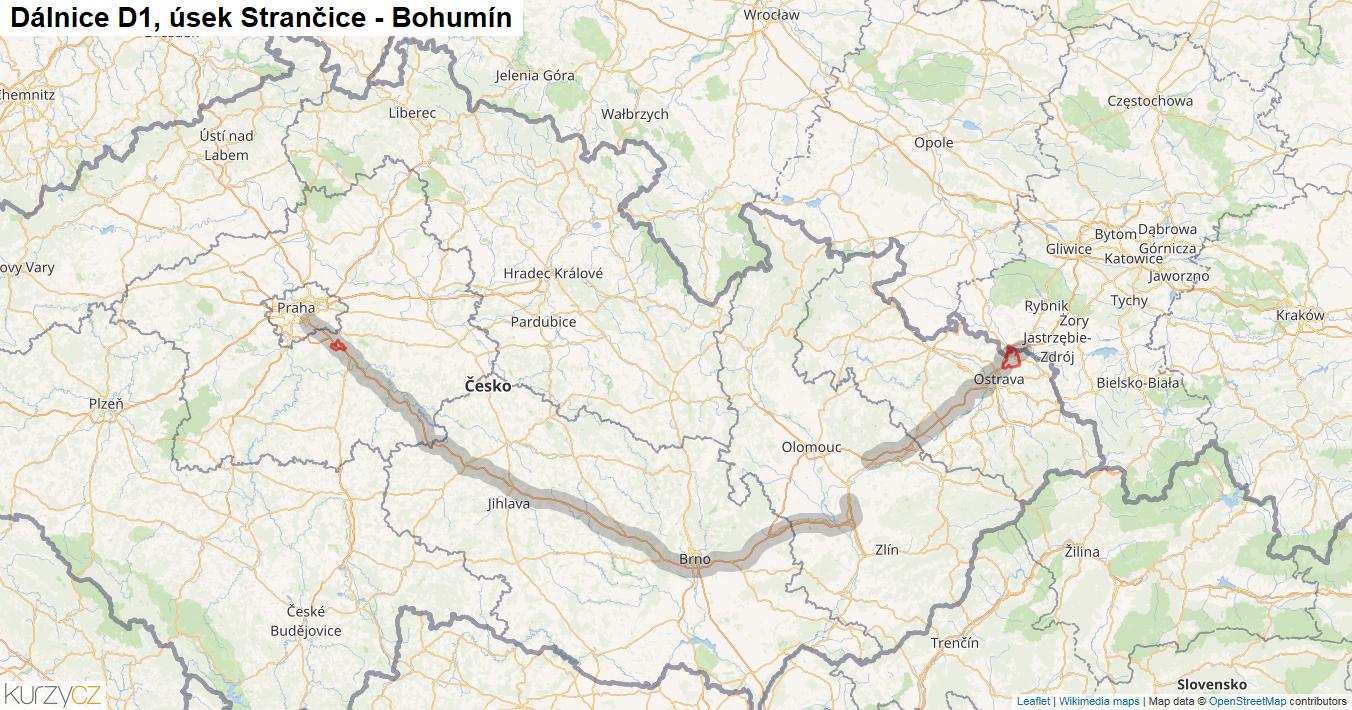 Úsek Strančice - Bohumín, Dálnice D1 - Mapa