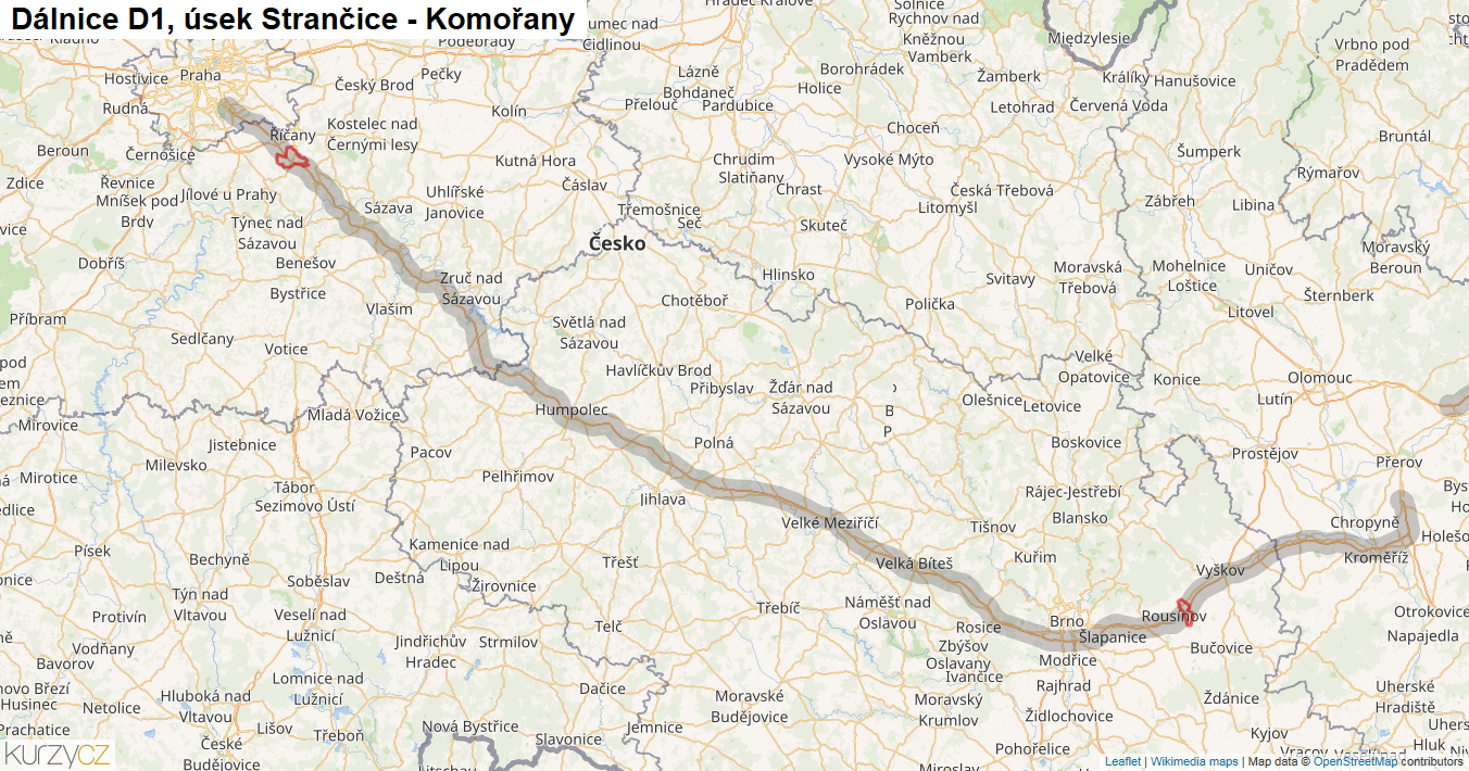Úsek Strančice - Komořany, Dálnice D1 - Mapa