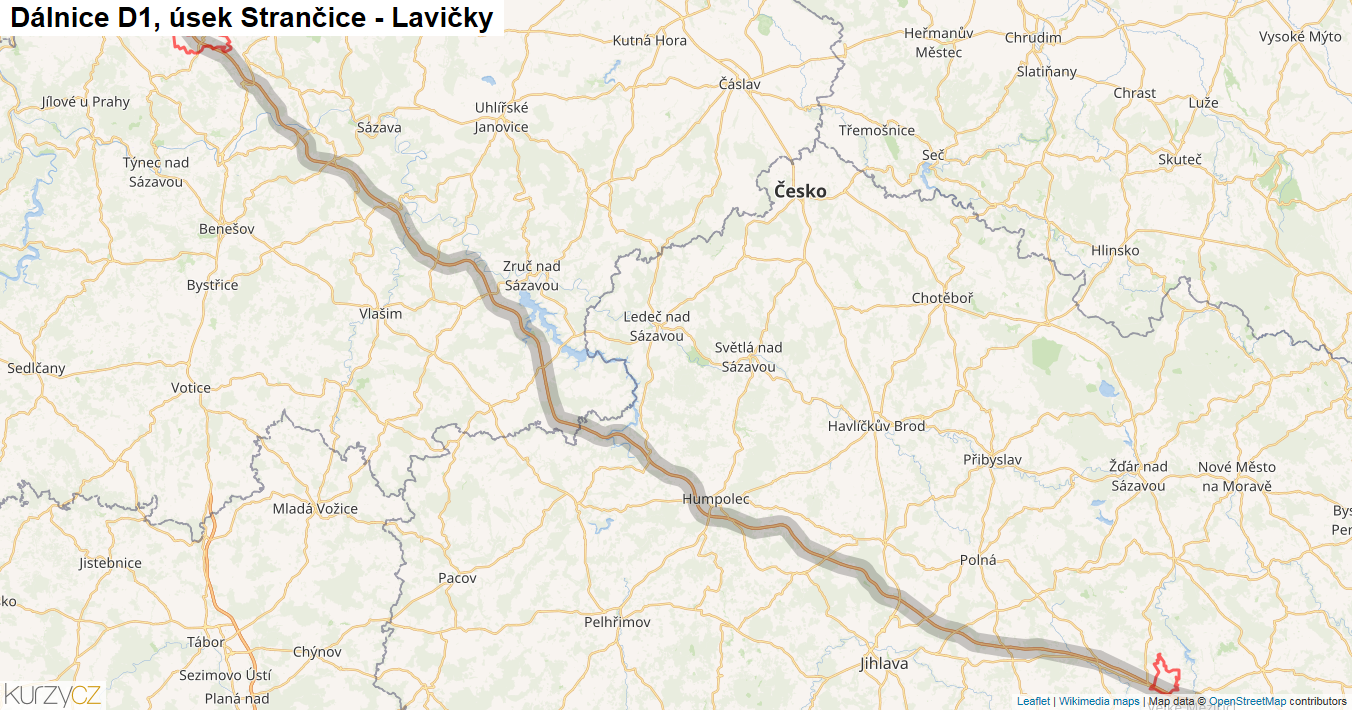 Úsek Strančice - Lavičky, Dálnice D1 - Mapa
