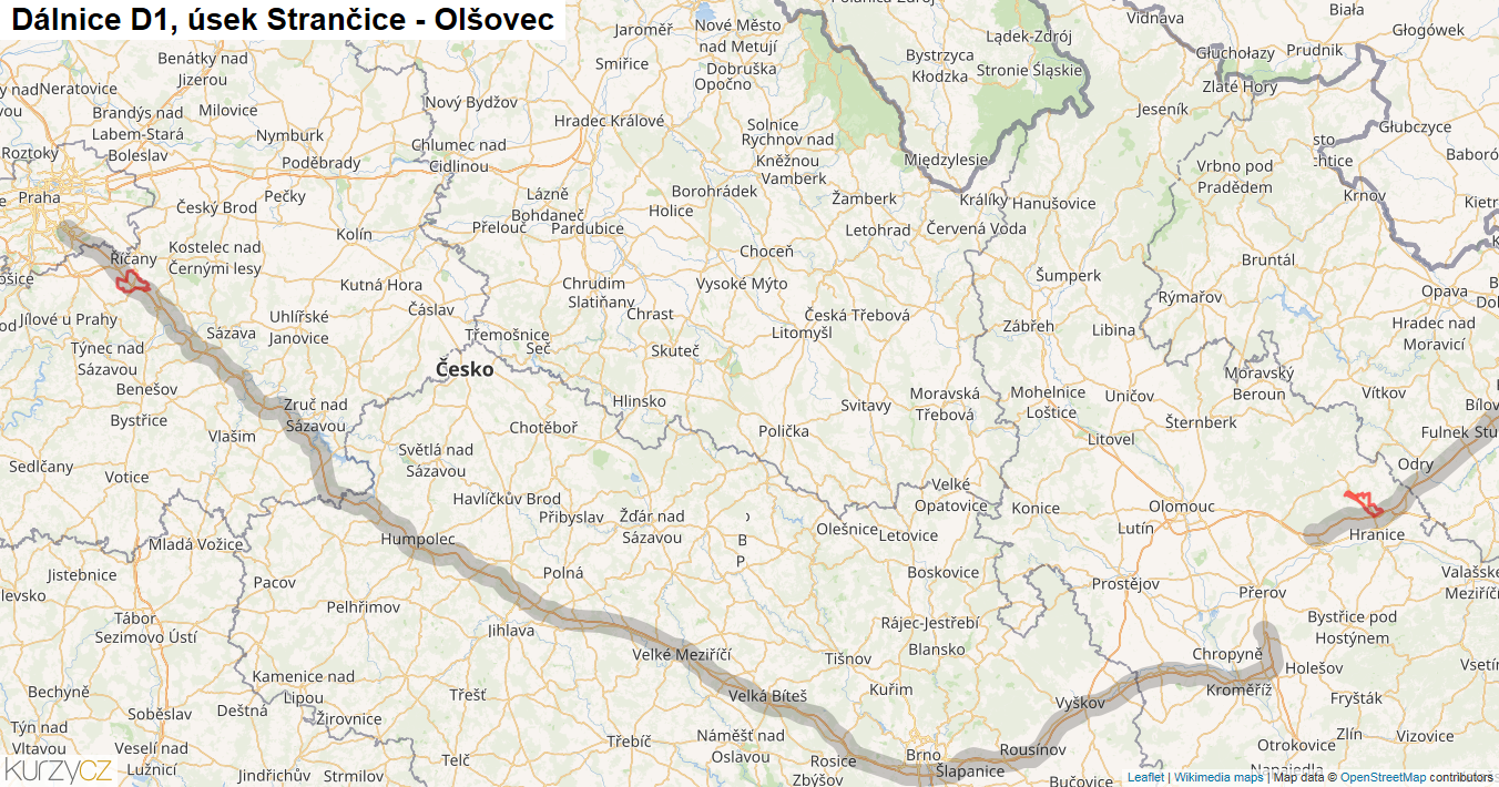 Úsek Strančice - Olšovec, Dálnice D1 - Mapa