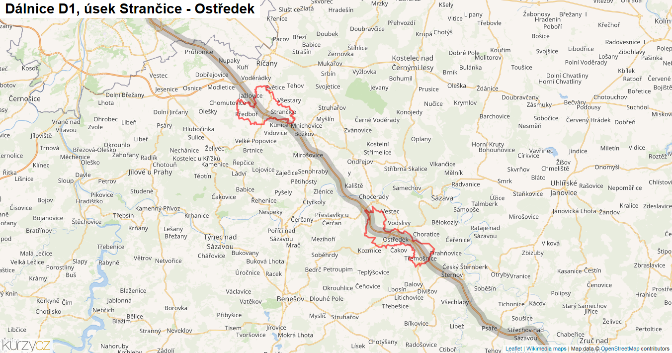 Úsek Strančice - Ostředek, Dálnice D1 - Mapa